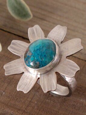 Sterling Silver 925 and Chrysocolla Daisy Big Ring, Size 9 1/4, One-of-a-kind